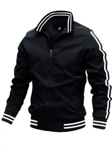 Men's casual sport jacket with double white stripes on collar, sleeves, and hem. Full zip closure.