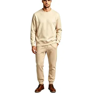 Men solid casual fleece tracksuit 2-piece set crewneck sweatshirt and matching sweatpants