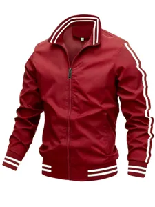 Men's red stand-up collar zip sports jacket with white dual stripes detail closeup view.