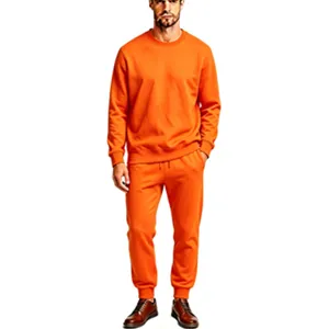 Men solid orange fleece tracksuit crewneck sweatshirt and joggers set detail showcase