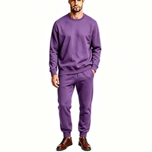 Men's solid fleece crewneck sweatshirt and sweatpants 2-piece tracksuit set for casual wear.