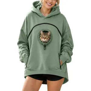 Women cat pet pouch hoodie long sleeve casual pocket sweatshirt green stylish outerwear