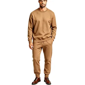 Detailed view of the casual fleece crewneck sweatshirt and matching joggers set in camel.