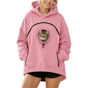 Women pink pet pouch cat hoodie long sleeve casual sweatshirt with front zipper pocket