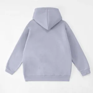 Detailed view of the back of a solid light purple hooded sweatshirt for autumn casual wear.