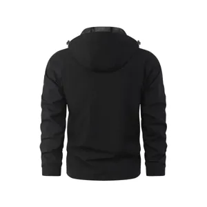 Men's black windproof hooded jacket detail view, breathable outdoor mountaineering top.