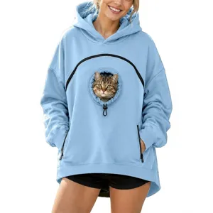 Women casual long sleeve cat pouch hoodie hooded sweatshirt with front zipper pocket blue