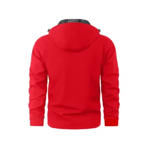 Men's solid red hooded windbreaker jacket, lightweight breathable outdoor hiking coat top.
