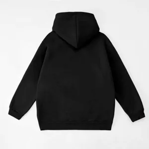 Back view detail of casual plain black fleece hoodie featuring a cozy hooded long sleeve design.