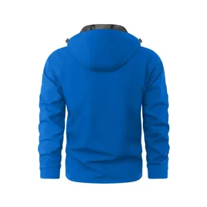 Back view detail of the lightweight men windbreaker jacket featuring a comfortable adjustable hood.