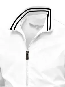 Detail view of white men's athletic jacket with stand collar and double stripe design.