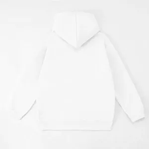 Detail view of a plain white hooded sweatshirt, showcasing the back design and clean texture.