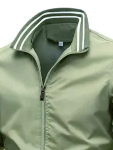 Men's green casual sports jacket with a striped stand collar and full front metal zipper.