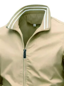 Men casual zip-up jacket with striped stand collar, stylish khaki outerwear for daily wear.