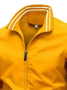 Men's yellow athletic jacket collar detail, stylish double stripe stand-up collar zip outerwear.
