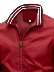 Men's red stand collar zip jacket casual sports outerwear with white stripe detail.