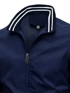 Mens casual sports jacket with stand collar double stripes and full zip front closure design.