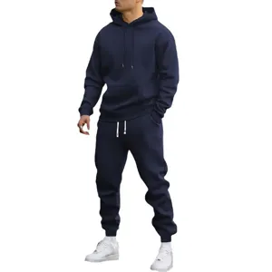 Men's casual solid color hoodie and sweatpants two-piece tracksuit set in dark blue, full view.