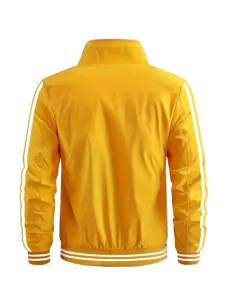 Men yellow track jacket back view, stand collar full zip sportswear with white sleeve stripes.