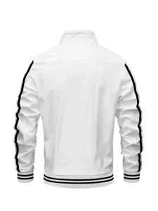 Men's white stand collar casual jacket with black double stripes on sleeves back view