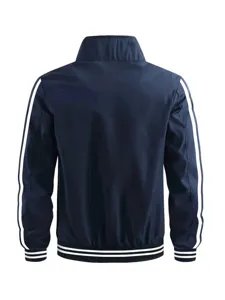 Detailed back view of men's navy blue track jacket featuring dual white sleeve stripes.