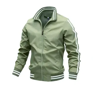 Men's Casual Sporty Nylon Jacket Stand Collar Zipper Outerwear Striped Double Stripe Fashion Urban Baseball Jacket For Youth