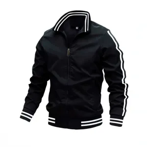 Men's athletic zip-up jacket with stylish double stripes on collar, sleeves, and hem.
