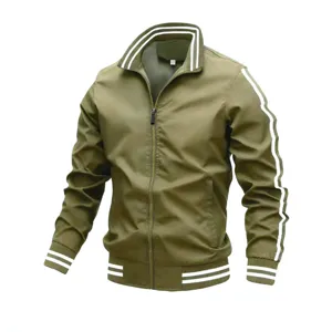 Men's olive green track jacket featuring white stripes, stand collar, and full front zip.