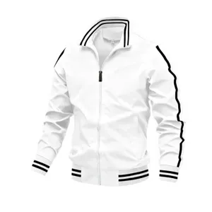 Men's sports track jacket with double stripes stand-up collar full zipper outerwear