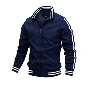 Men's navy blue track jacket with white double stripes stand collar casual full zip coat