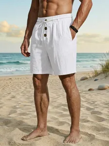 Pantalones cortos de playa de lino casuales para hombre con cordón y botones de verano.