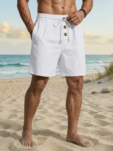 Pantalones cortos de playa casuales de lino para hombre, color blanco con cordón y botones.