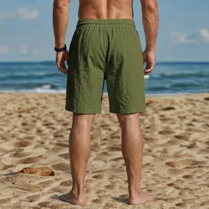 Pantalones cortos de playa de lino casual para hombre, ajuste suelto, deporte, detalle.