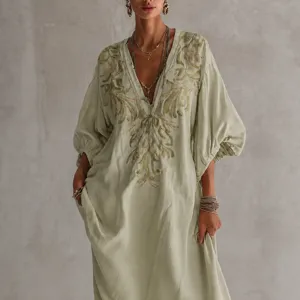 Robe Mini pour Femmes Col en V Profond Manches Lanternes Imprimé Floral Polyester Élasthanne Boho Décontracté Été Plage