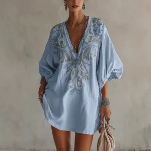 Femme Coton Lin Col V Boho Mini Robe Décontractée Manches Longues Brodé Tunique Plage