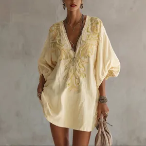 Robe mini femme coton lin col V broderie florale manches lanternes été casual chic