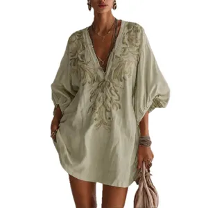 Robe mini col V en lin coton avec broderie florale elegante pour femmes style d'ete.