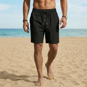 Pantalones cortos de playa casuales de lino para hombre con cordón y botones, verano.