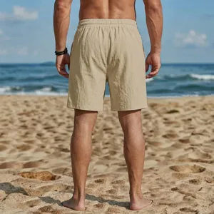 Pantalon corto de playa casual para hombre estilo lino verano comodo holgado khaki bano