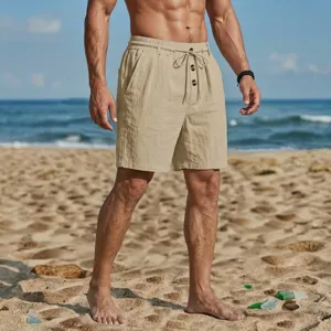 Pantalones cortos de playa casuales de lino para hombre con cordón y botones, holgados.