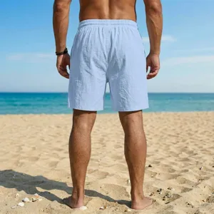 Pantalon corto casual de lino para hombre vista trasera, ropa de vacaciones de verano.