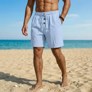 Pantalones cortos de playa de lino casual para hombre con cordón y botones de verano.
