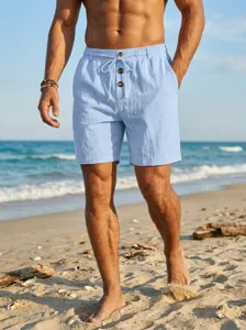 Pantalones cortos de playa de lino para hombre casuales sueltos con cordón y botones