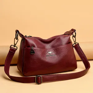 Wine red leather shoulder bag for women, large capacity multi-compartment crossbody bag.