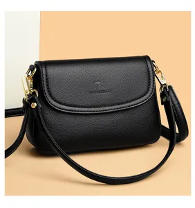 Schwarze PU-Leder Umhängetasche für Damen, minimalistische Vintage Schultertasche Gold.