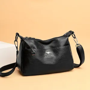 Classic black leather crossbody shoulder bag for women, multi-compartment large capacity.