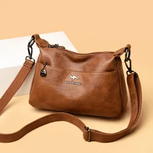 Stylish brown large capacity soft leather shoulder bag, multi-compartment messenger bag for women.