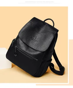 Stijlvolle zwarte zachte lederen rugzak voor dames, grote capaciteit casual schooltas.