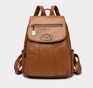 Geel PU lederen rugzak detail, vintage casual schooltas met voorvak en metalen gesp sluiting.