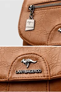 Dames PU leer casual rugzak detail weergave met aangepast metalen logo en ritsluiting.